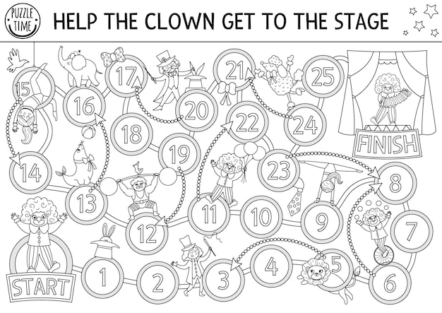 Premium vector circus black and white dice board game for children with clown going to stage amusement show or holiday line boardgame entertainment printable worksheet or coloring page with magicianxa