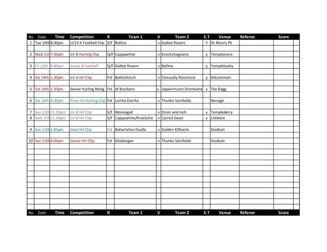 Fixtures are confirmed for next weekend in tipperary with a host of knockout games