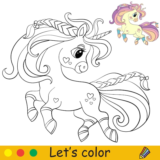 Premium vector cute unicorn head with bridle coloring book page with color template vector cartoon illustration
