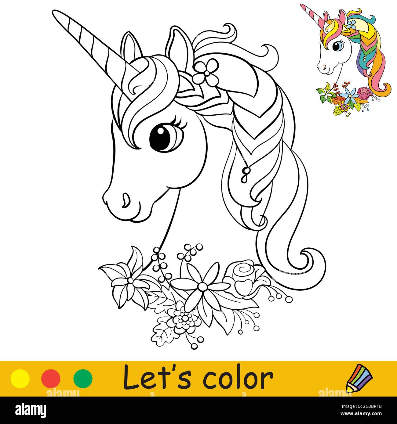 Cartoon cute unicorn with a wreath of flowers around neck coloring book page with colorful template for kids vector isolated illustration for color stock vector image art