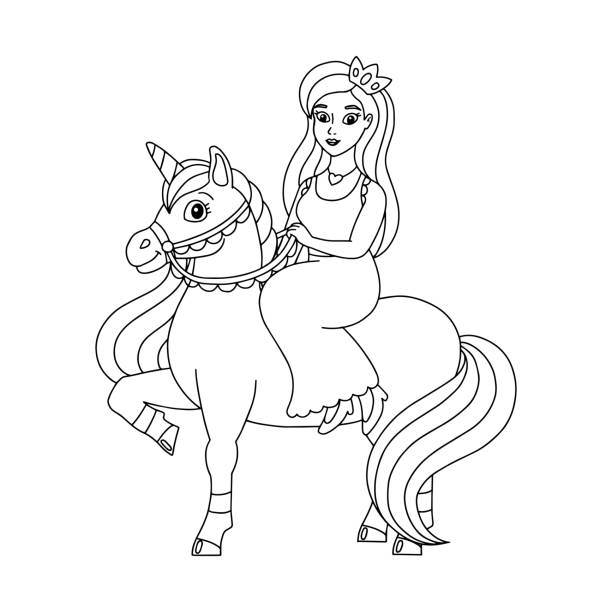 The princess is riding a unicorn coloring book page for kids cartoon style character vector illustration isolated on white background stock illustration