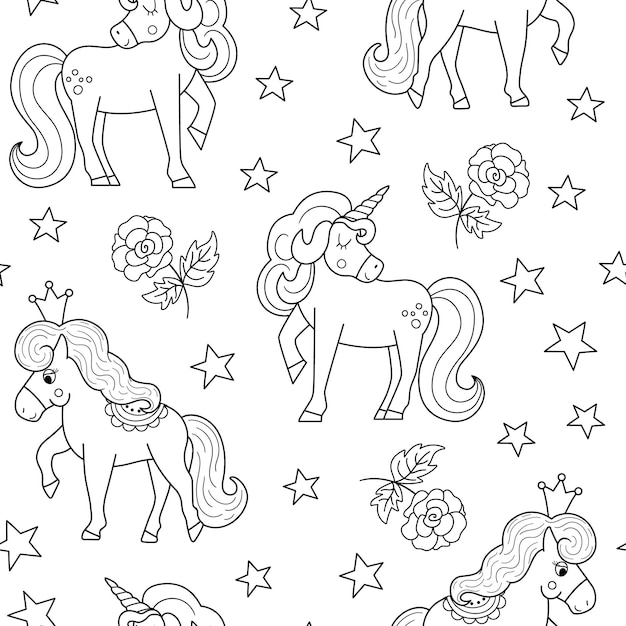 Premium vector vector black and white seamless pattern with unicorn rose stars crowns fairy tale outline princess repeat background girlish cartoon magic coloring page with fantasy horses and flowersxa