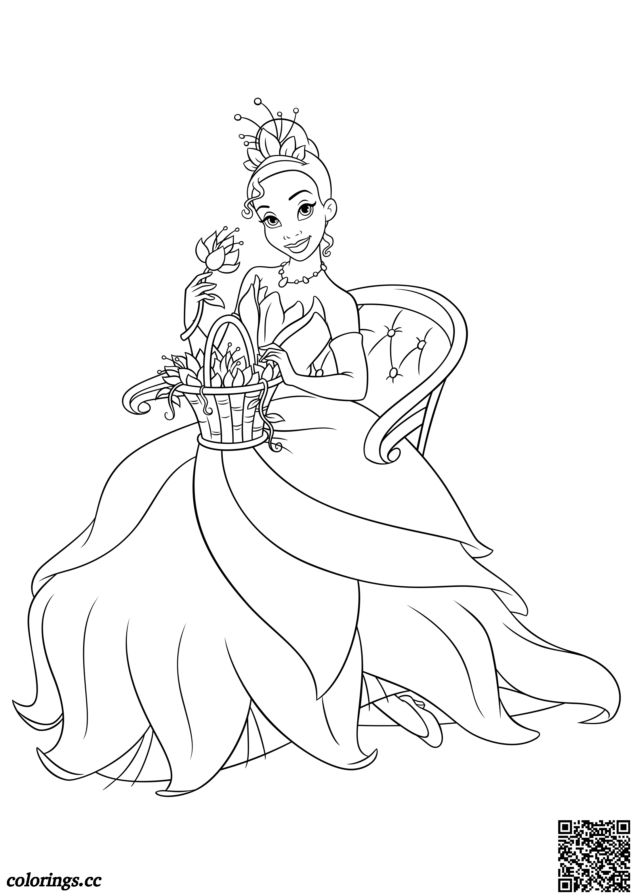Tiana with a basket of flowers coloring pages disney princesses coloring pages