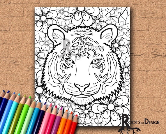 Instant download coloring page stunning tiger coloring print doodle art printable kawaii style