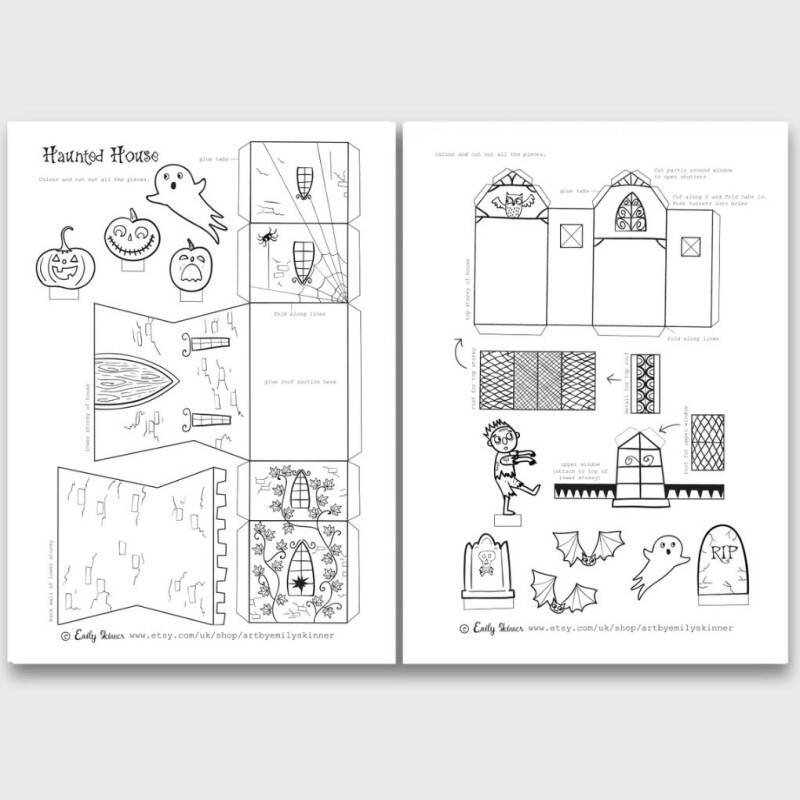 Printable halloween activity sheets paper haunted house colouring sheets digital download arts and crafts for kids home learning activity