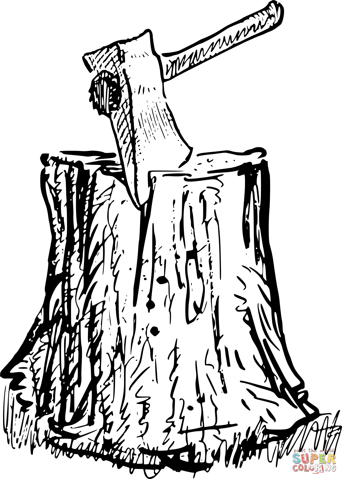 Vintage hatchet and stump coloring page free printable coloring pages