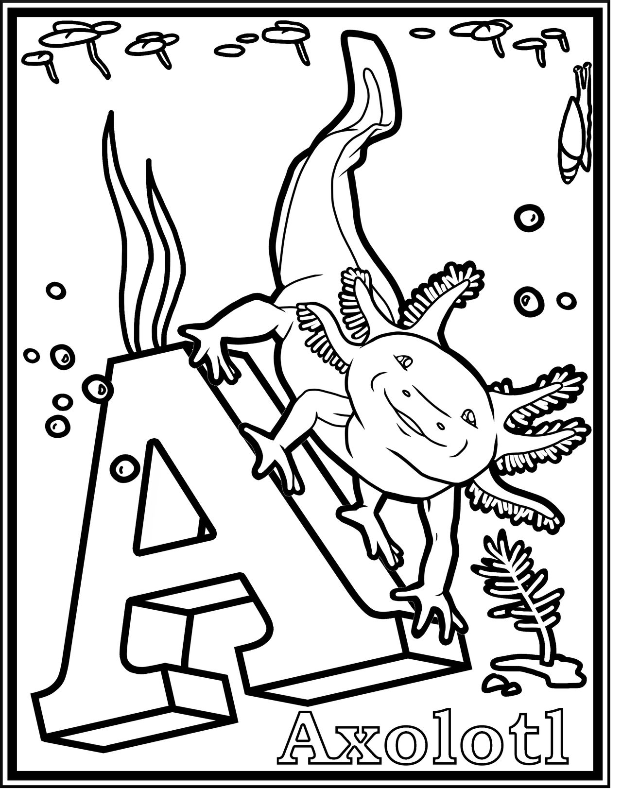 A is for axolotl coloring page by cosmickandi on