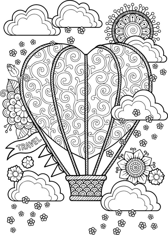 Hand draw doodle coloring page for adult journey in a balloon stock vector