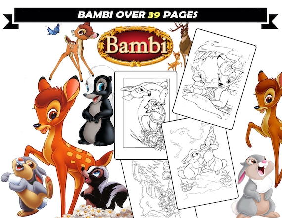 Bambi and thumper coloring printable pages for girls forest cartoon characters print for coloring instant download sheets for coloring