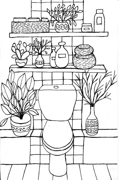 Premium vector toilet colouring page cute hand drawn toilet colouring page for children and adults vector coloring book toilet bathroom lavatory cozy home decor house plants shelves with bottles vases