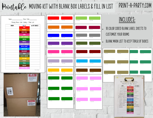 Moving kit color coded moving box labels main tracking list instant download â printaparty