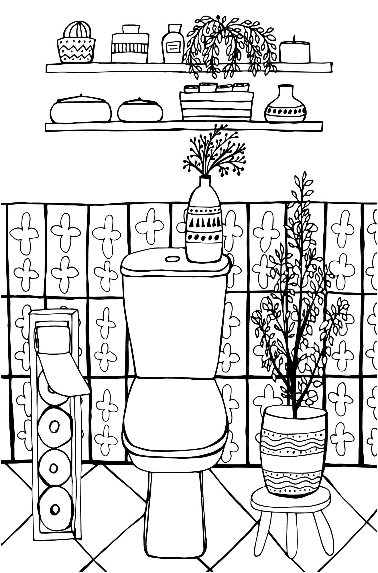 Premium vector toilet interior coloring page cute hand drawn coloring book with toilet furniture toilet paper house plants vase decorative tile shelves bottles candle