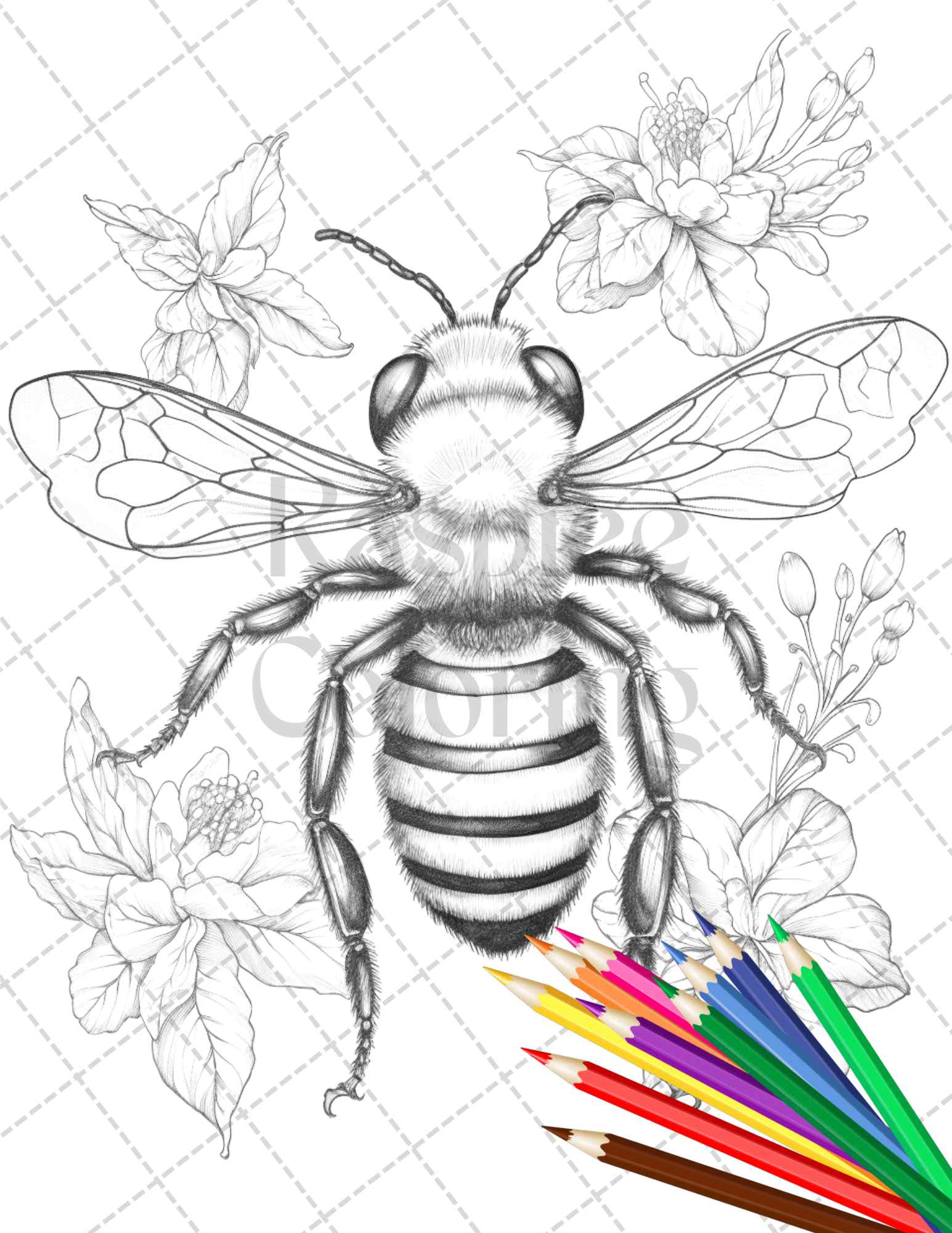 Vintage botanical bee grayscale coloring pages printable for adults â coloring