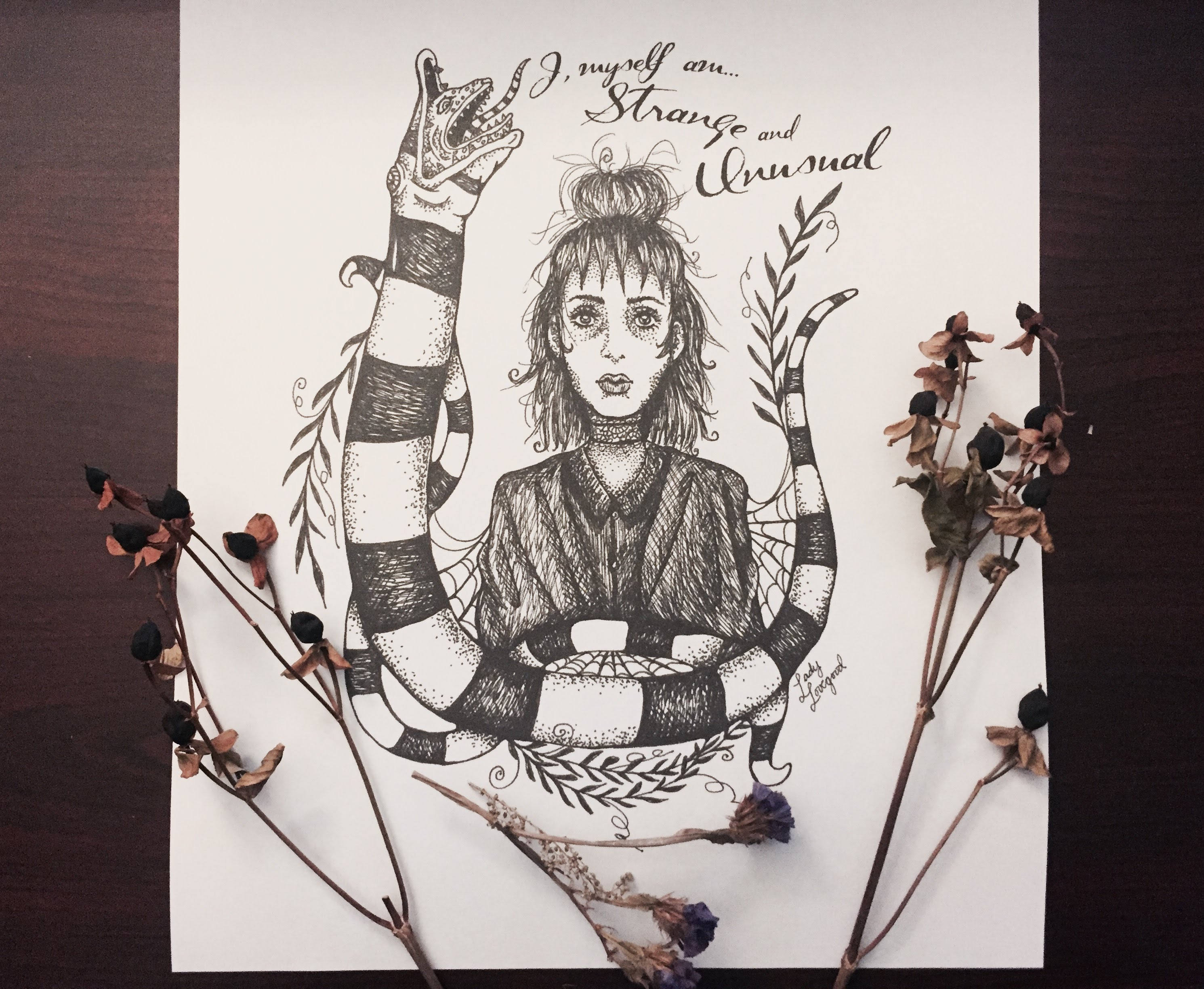 Lydia deetz hand drawn art print coloring page witchy wall decor beetlejuice art digital download printable wall art