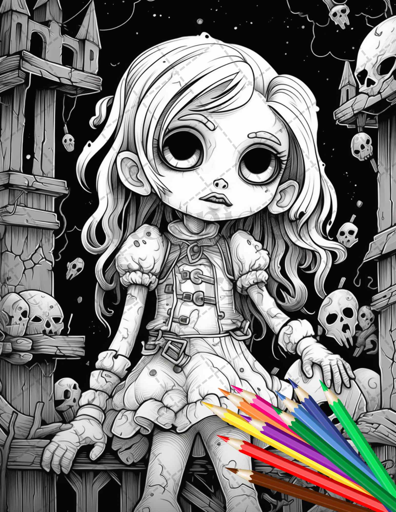 Ghoulish girls grayscale coloring pages printable for adults pdf f â coloring