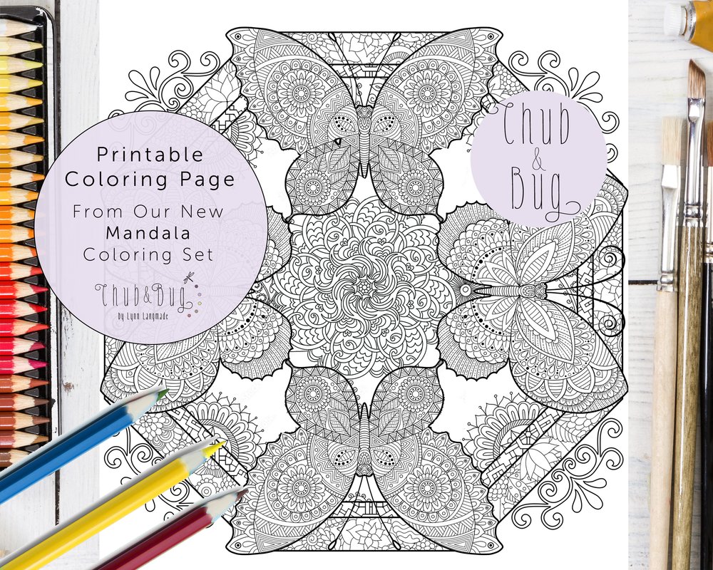 Butterfly mandala coloring page in black and white â chub and bug illustration wall art and school supplies for kids and babies