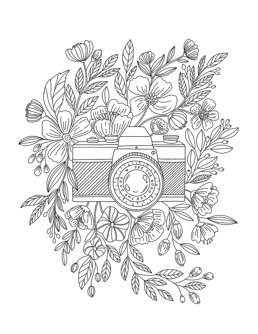 Floral camera coloring page