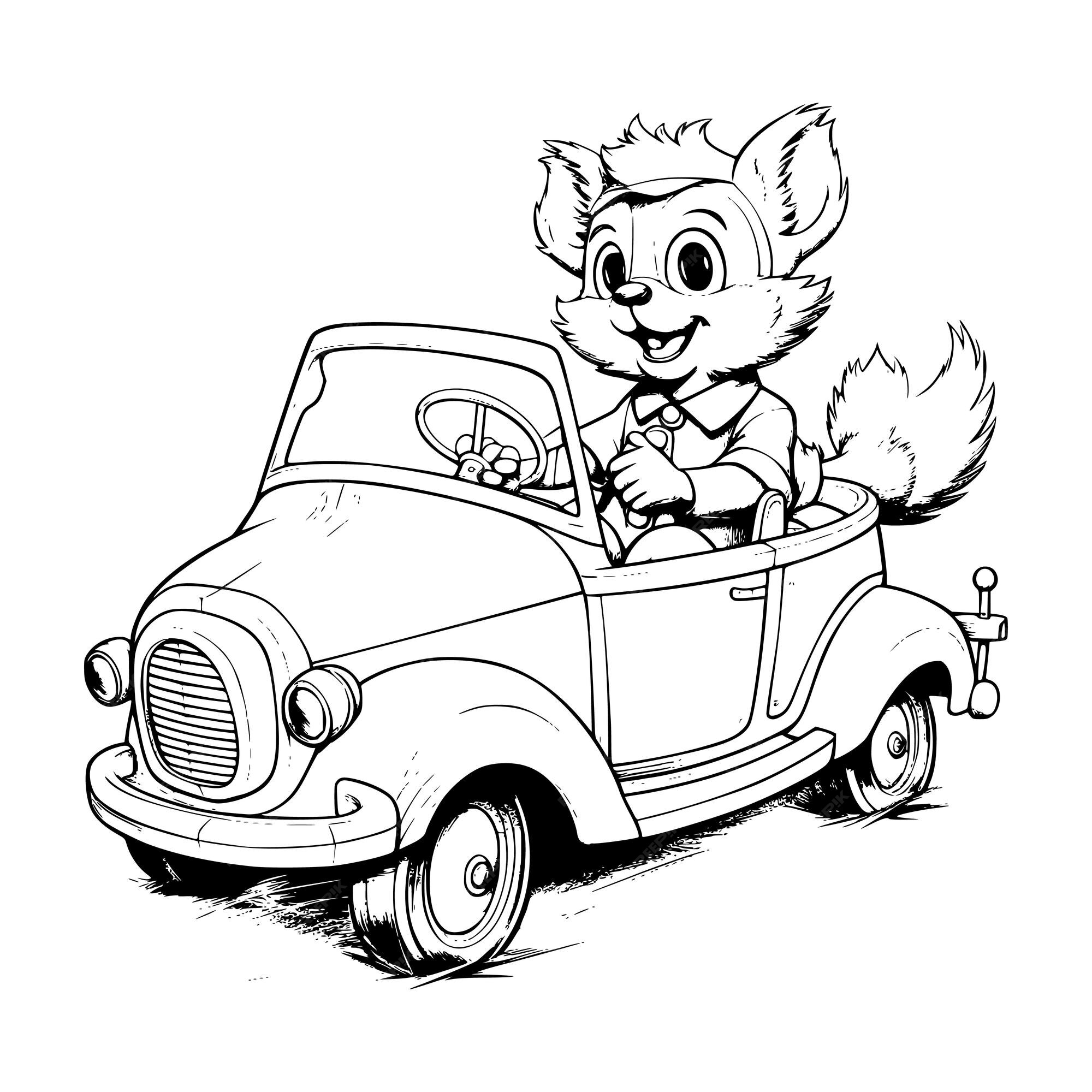 Premium vector animals riding a car coloring pages drawing for kids