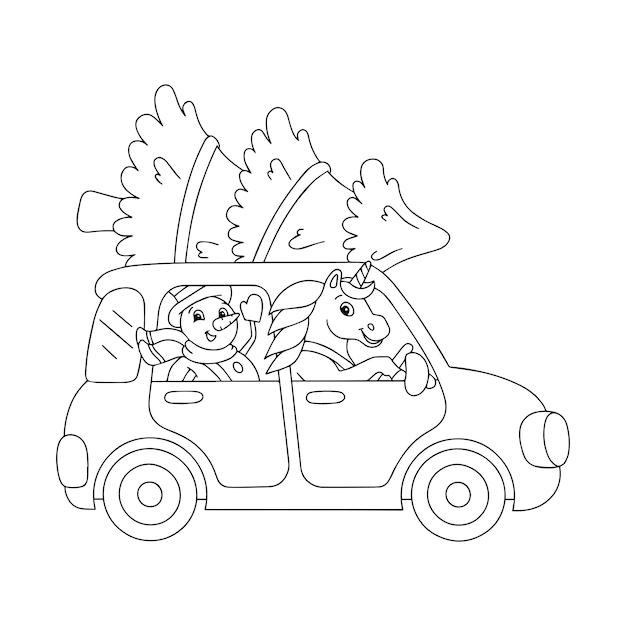 Premium vector the snowman and the unicorn ride in the car and carry the christmas tree coloring book page for kids