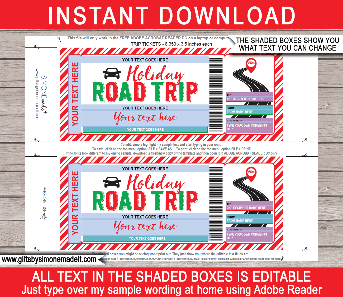 Holiday road trip reveal template editable printable gift tickets