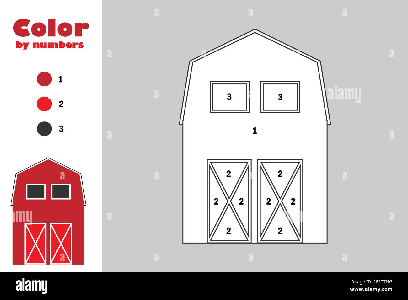 Farm barn in cartoon style color by number education paper game for the development of children coloring page kids preschool activity printable stock photo