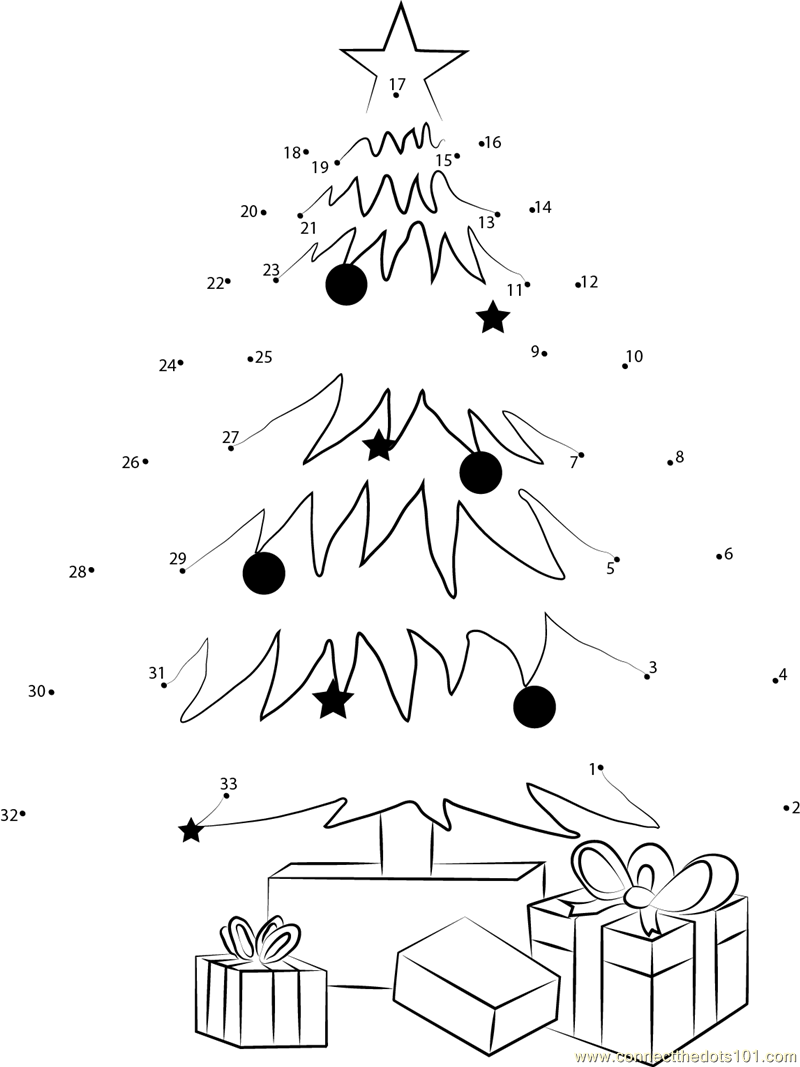 Christmas tree decorating and gifts dot to dot printable worksheet