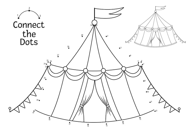 Premium vector vector dottodot and color activity with marquee circus connect the dots game for children with funny entertainment tent amusement show coloring page for kids printable worksheetxa