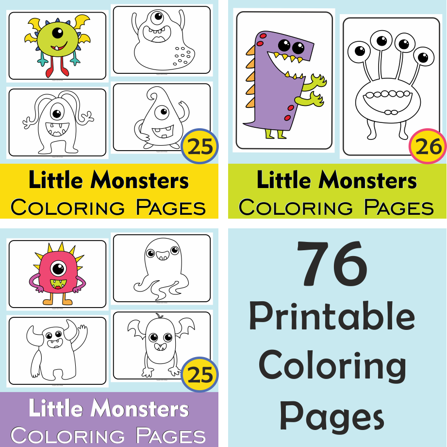Little monsters printable coloring pages bundle