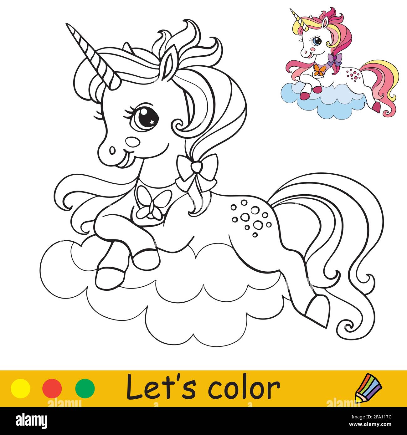 Cute unicorn lying on a cloud coloring book page with colorful template vector cartoon isolated illustration for coloring book education print g stock vector image art