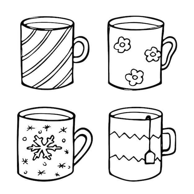Premium vector cute cup of tea and coffee illustration simple mug clipart cozy home doodle set