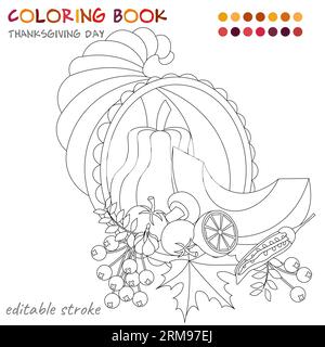 Thanksgiving day the cornucopia is filled with harvest coloring template for children and adults for relaxation and rest stock vector image art