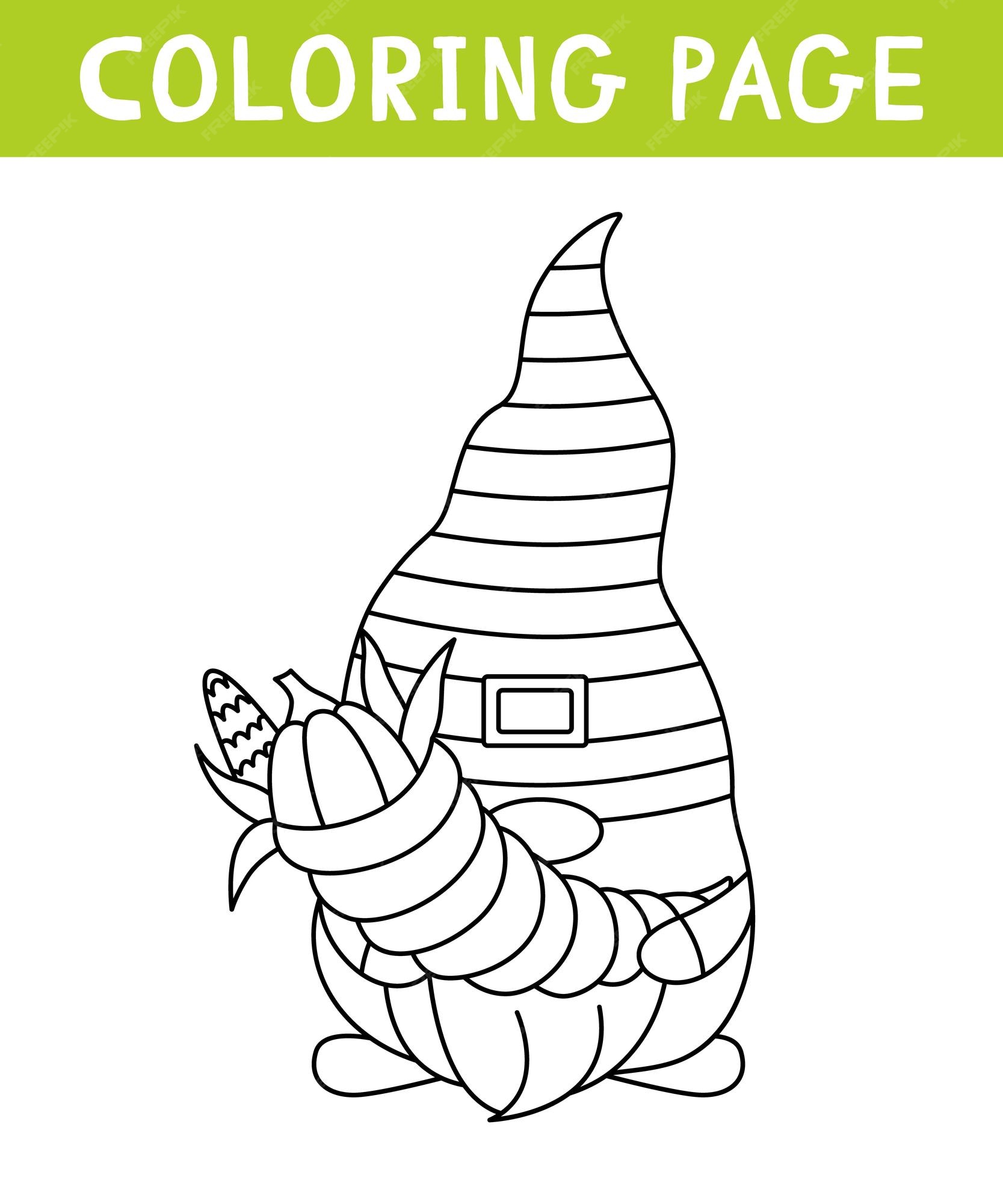 Premium vector cute gnome with cornucopia coloring page thanksgiving day printable worksheet