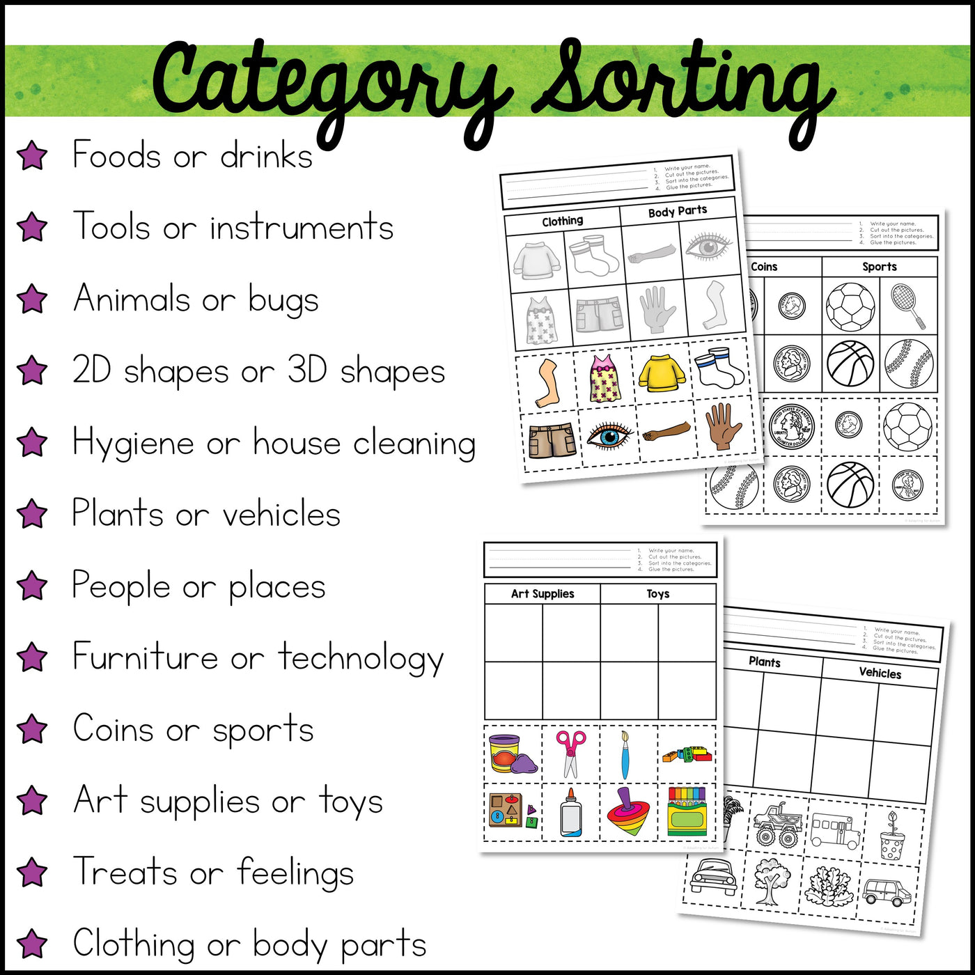 Category sorting cut and paste activities â autism work tasks