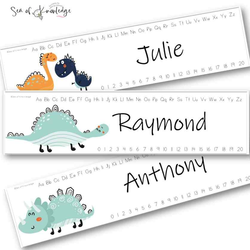 Printable name plates for desk adding a prehistoric dinosaur pop to learning
