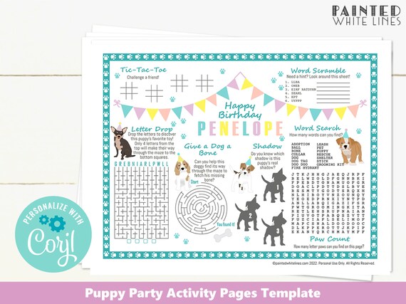 Puppy dog party birthday activity kids activity sheet printable editable template coloring sheet activity pages kids coloring sheet pwl