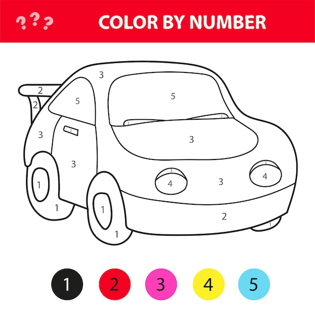 Premium vector car in cartoon style color by number education paper game for development of children coloring page kids preschool activity printable worksheet
