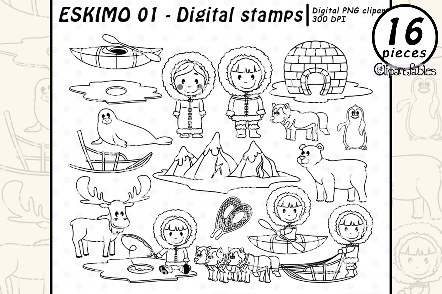 Cute eskimo digital stamps arctic animals outline