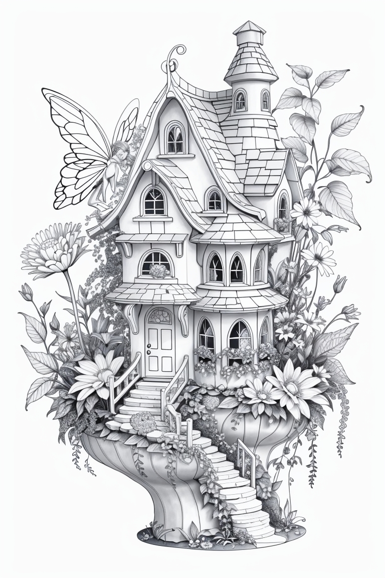 Fairy house printable coloring pages for adults