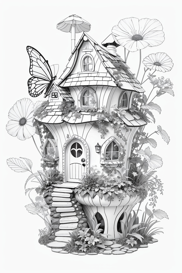 Fairy house printable coloring pages for adults