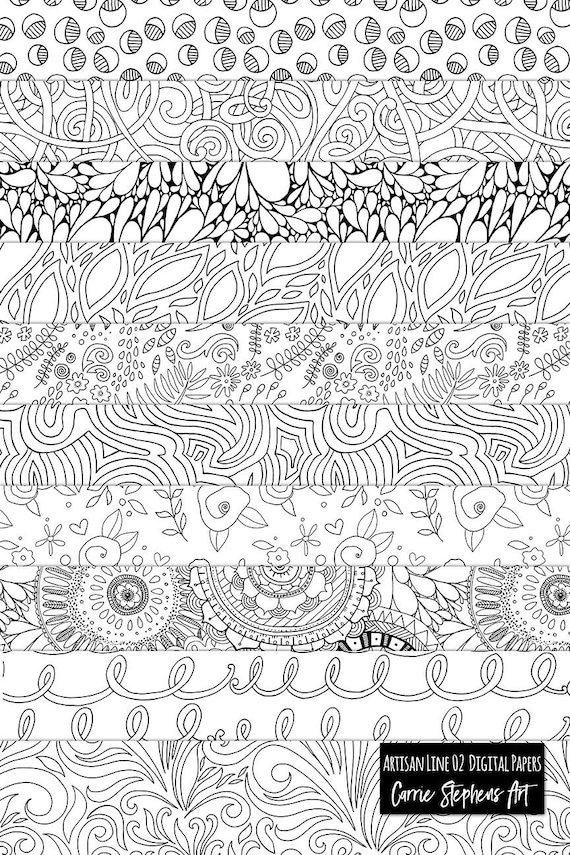 Line art patterns black and white digital paper coloring printable paper pack tropical foliage swirl scrapbook paper download download now