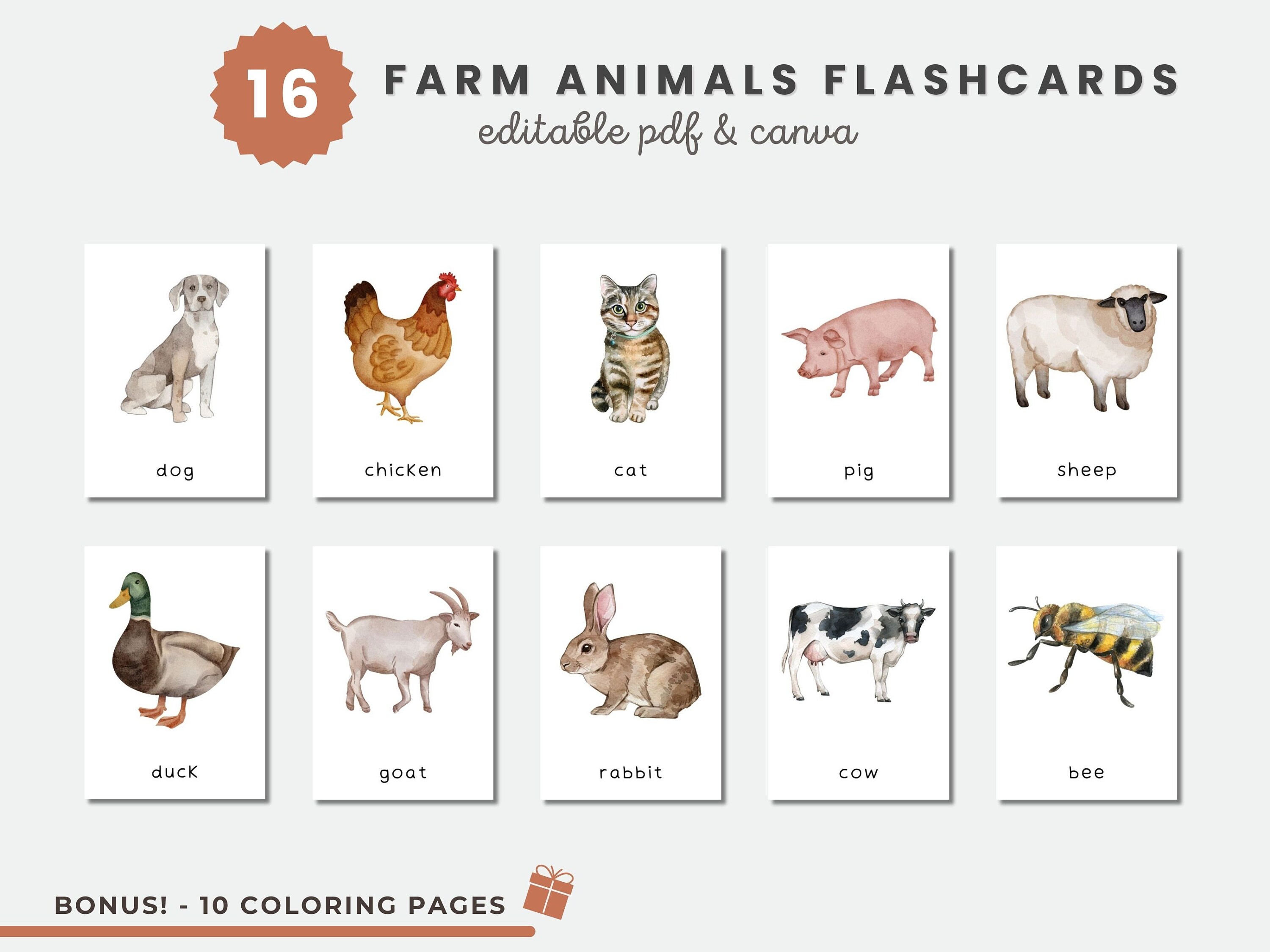 Farm animals printable flashcards editable montessori cards learning materials toddler preschool activity card editable canva template