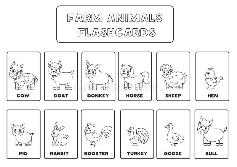 Black and white farm animal flashcards for kids stock vector