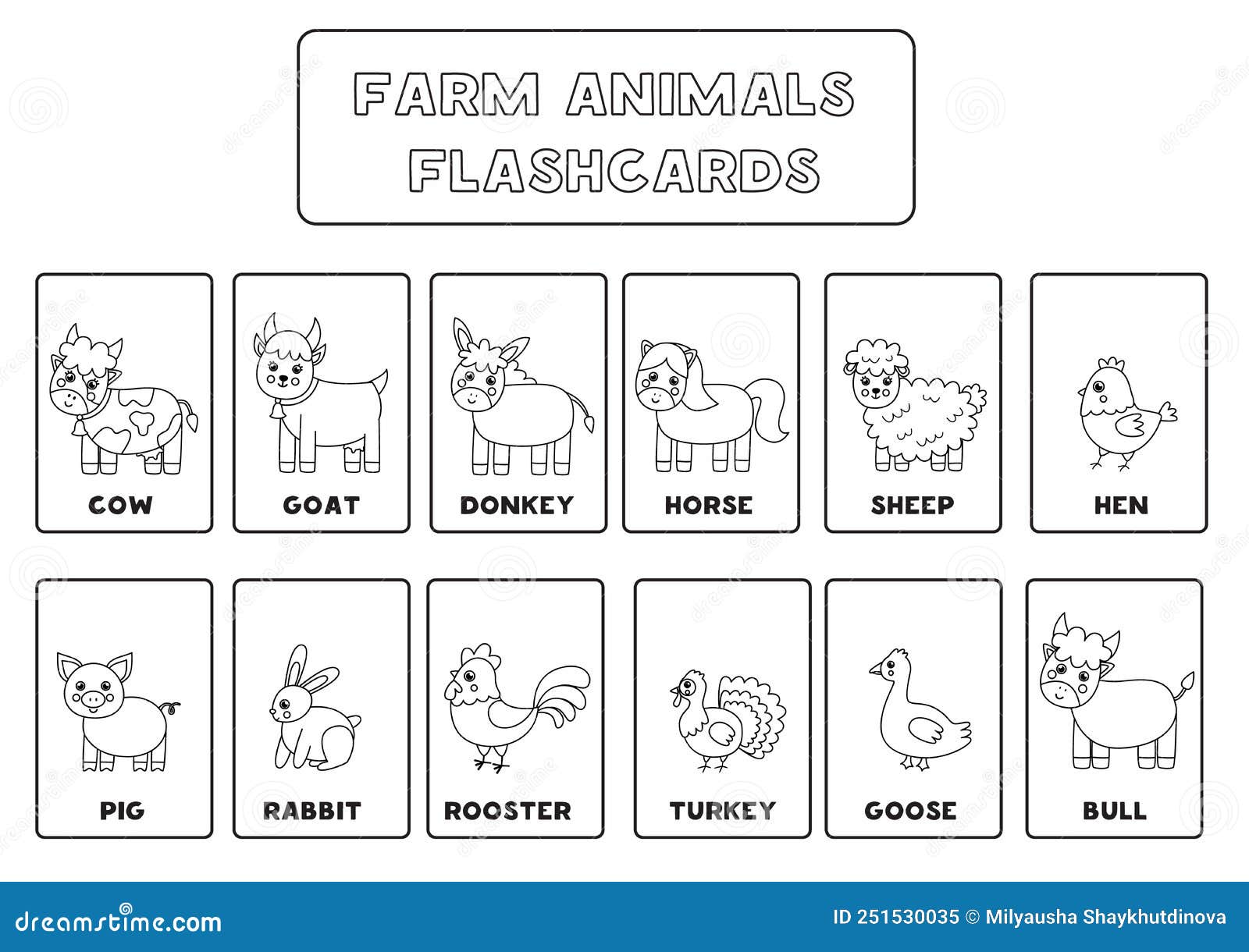 Black and white farm animal flashcards for kids stock vector