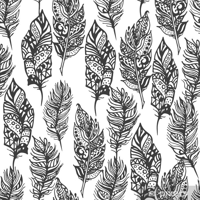 Sticker hand drawn vector zentangle doodle neon lors feathers seamless pattern on white ethnic openwork tribal feathers stylized for loring pages in vintage boho style bohemian monochrome fabric print