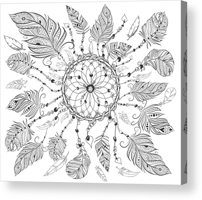 Dreamcatcher with various feathers for coloring page hand drawn vintage illustration for adult anti
