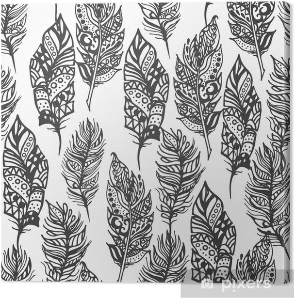 Canvas print hand drawn vector zentangle doodle neon lors feathers seamless pattern on white ethnic openwork tribal feathers stylized for loring pages in vintage boho style bohemian monochrome fabric print