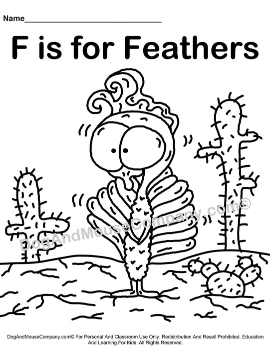 F is for feathers coloring page learn your abcs worksheet printab â dog and mouse pany