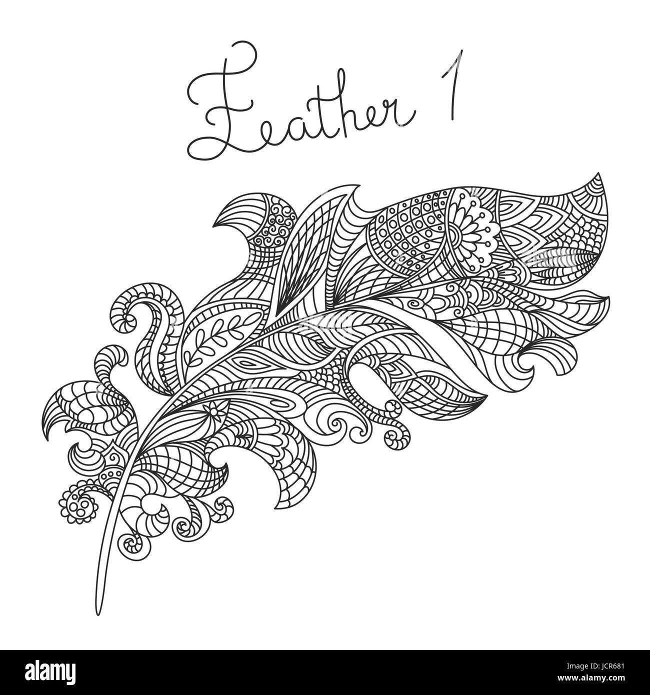 Vector monochrome hand drawn zentagle illustration of feather coloring page with high details isolated on white background stock vector image art