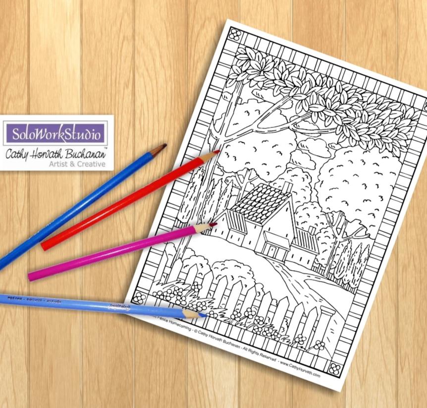Country home folk art coloring page pdf digital download printable â soloworkstudio