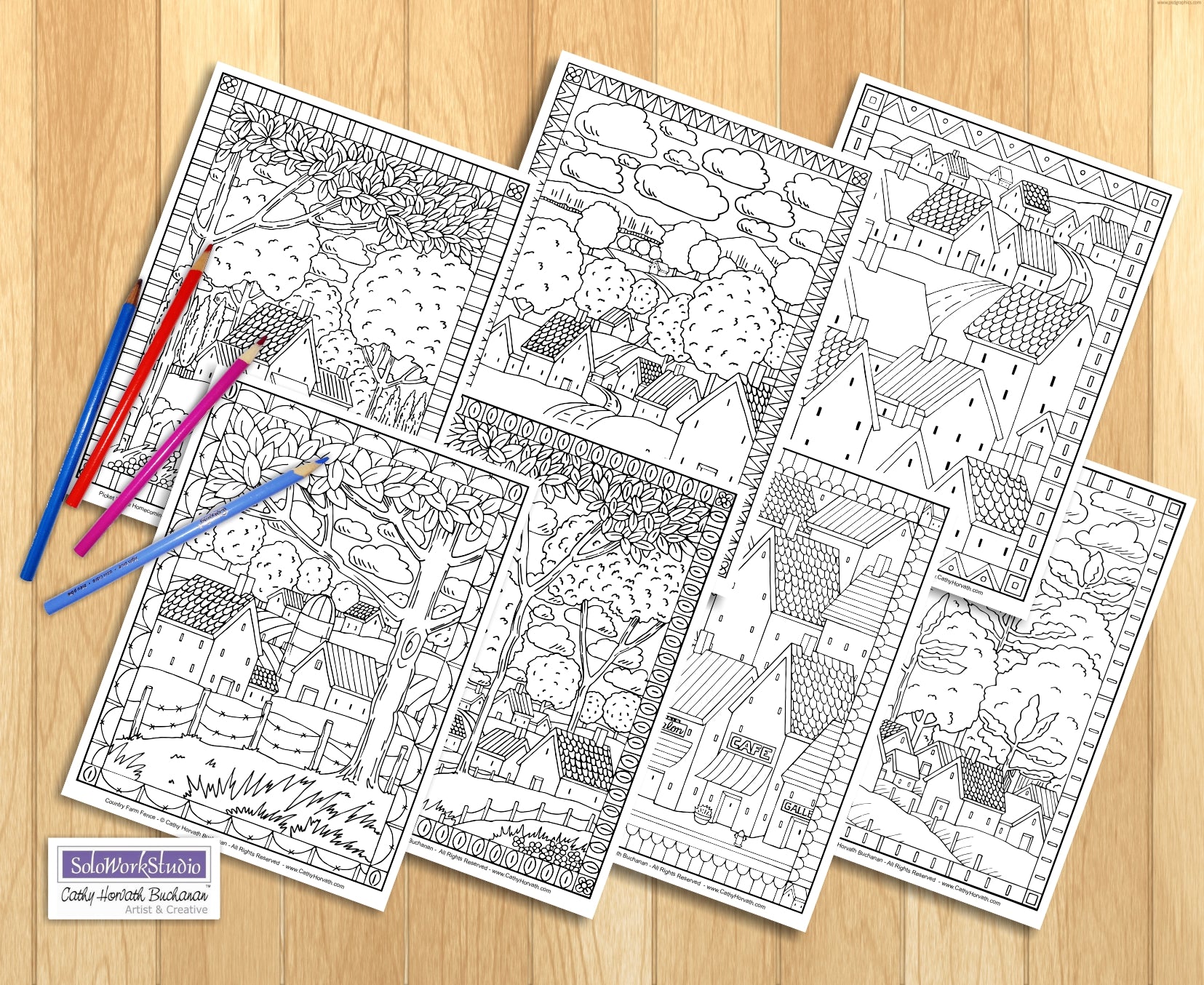 Town country village folk art scene coloring pages pack pdf downloa â soloworkstudio